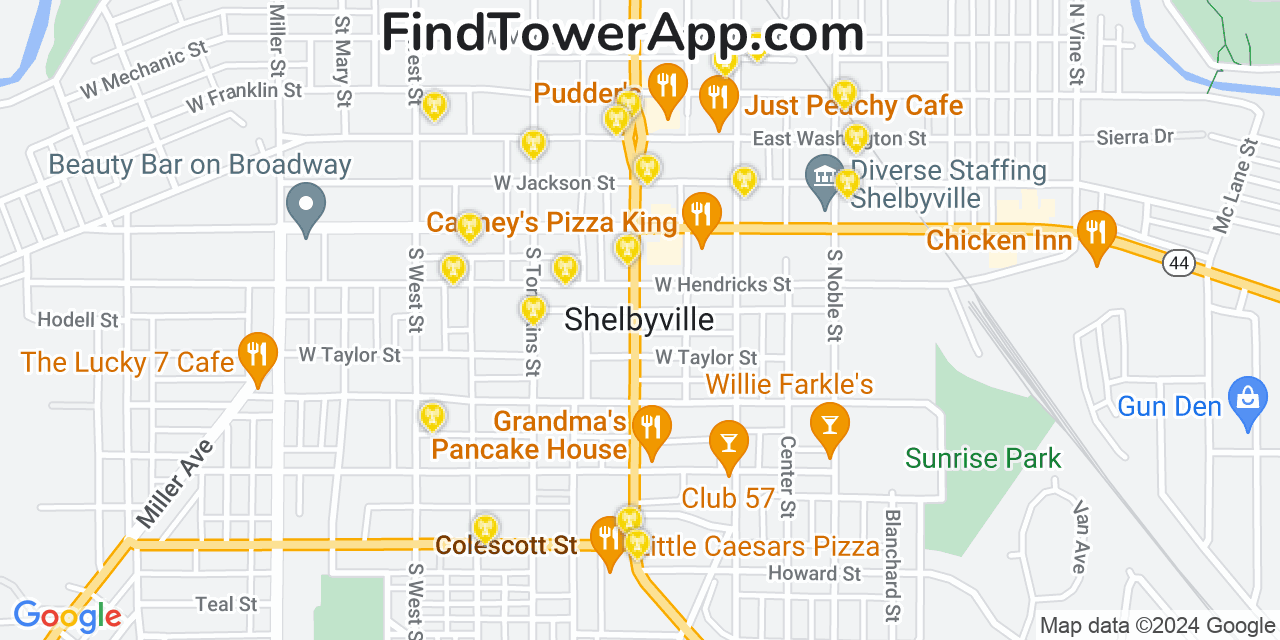 AT&T 4G/5G cell tower coverage map Shelbyville, Indiana