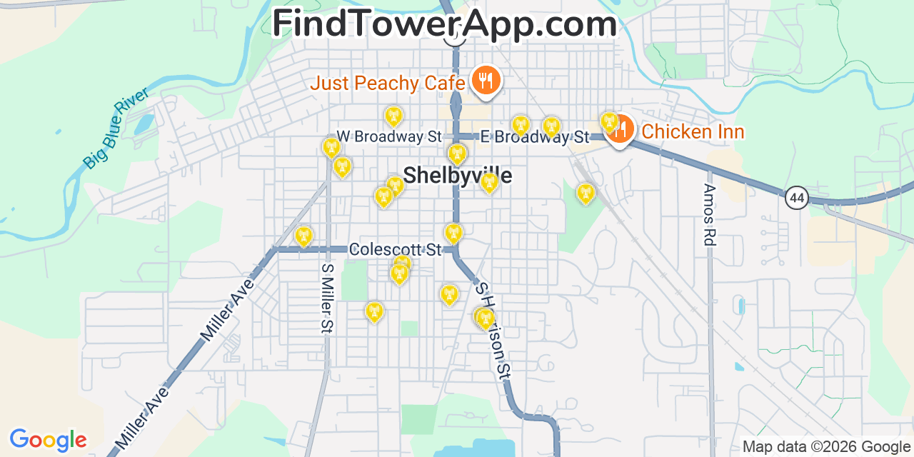 Map showing the 20 primary cell tower locations detected in Shelbyville, Indiana from AT&T, Verizon, and T-Mobile networks