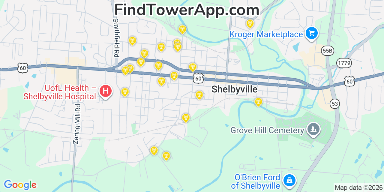 Map showing the 20 primary cell tower locations detected in Shelbyville, Kentucky from AT&T, Verizon, and T-Mobile networks