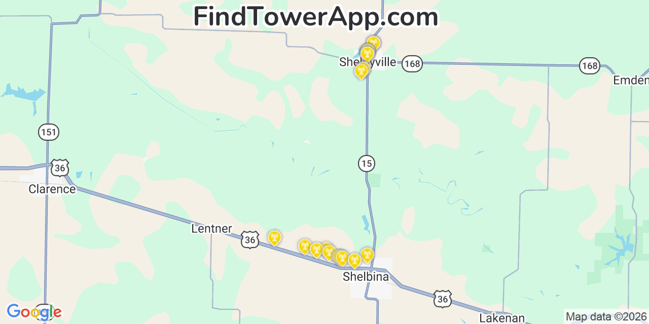 Map showing the 20 primary cell tower locations detected in Shelbyville, Missouri from AT&T, Verizon, and T-Mobile networks