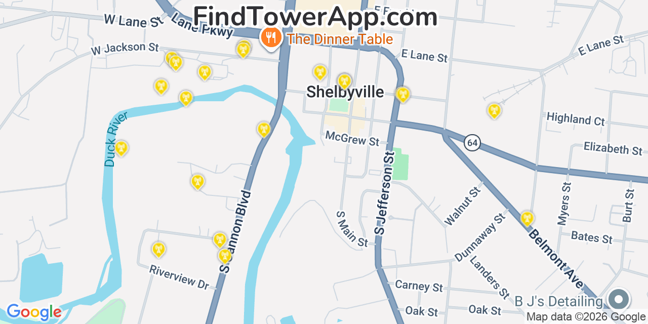 Map showing the 20 primary cell tower locations detected in Shelbyville, Tennessee from AT&T, Verizon, and T-Mobile networks