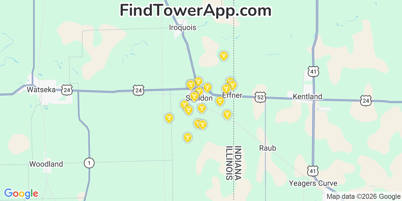 Map showing the 20 primary cell tower locations detected in Sheldon, Illinois from AT&T, Verizon, and T-Mobile networks