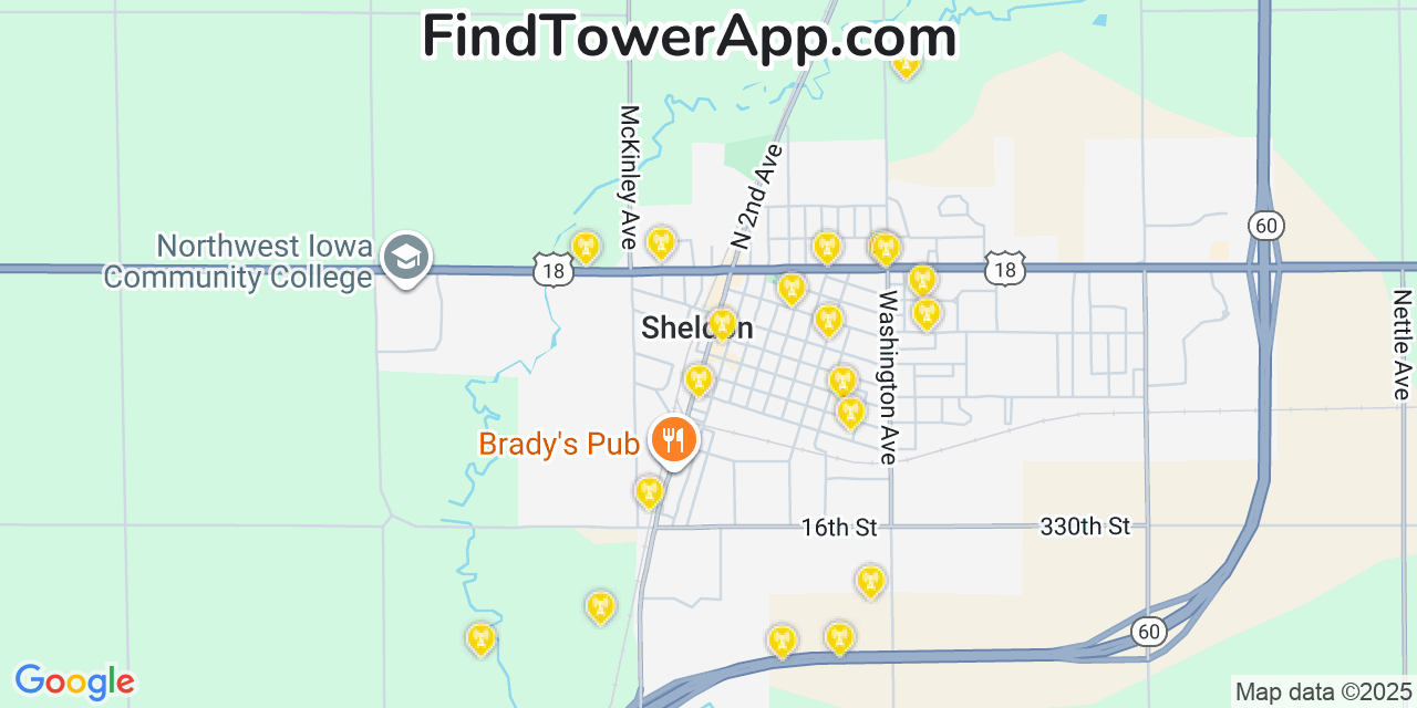 Map showing the 20 primary cell tower locations detected in Sheldon, Iowa from AT&T, Verizon, and T-Mobile networks