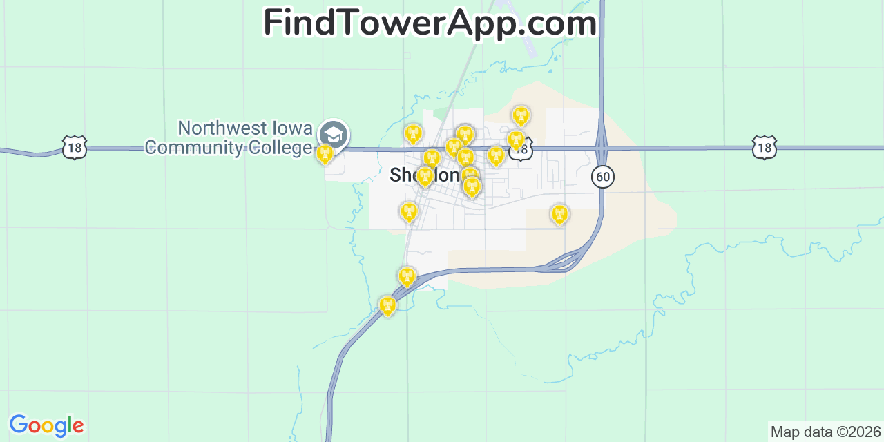 Map showing the 20 primary cell tower locations detected in Sheldon, Iowa from AT&T, Verizon, and T-Mobile networks