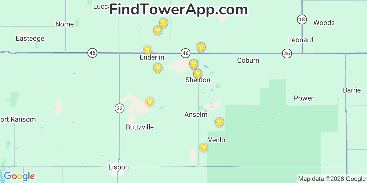 Map showing the 20 primary cell tower locations detected in Sheldon, North Dakota from AT&T, Verizon, and T-Mobile networks