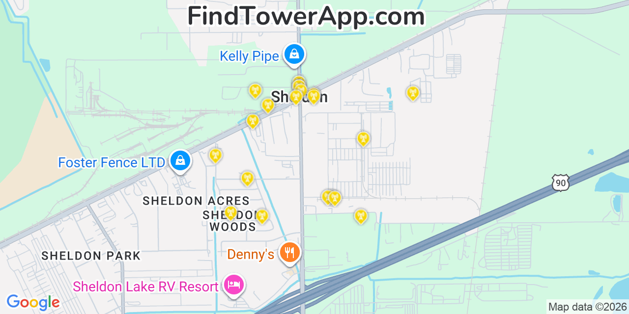 Map showing the 20 primary cell tower locations detected in Sheldon, Texas from AT&T, Verizon, and T-Mobile networks