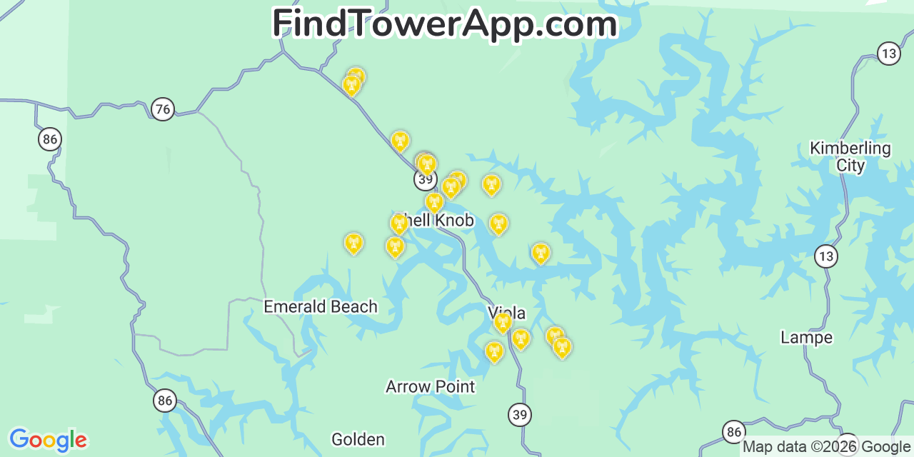 Map showing the 20 primary cell tower locations detected in Shell Knob, Missouri from AT&T, Verizon, and T-Mobile networks