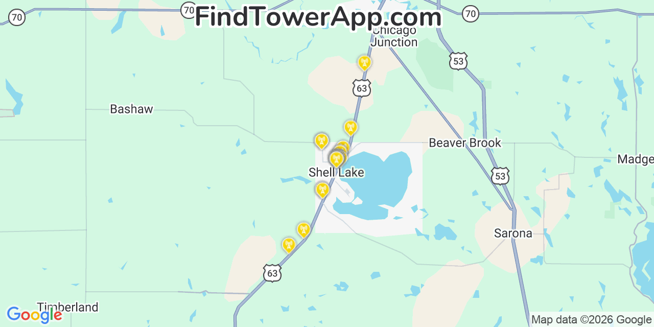 Map showing the 20 primary cell tower locations detected in Shell Lake, Wisconsin from AT&T, Verizon, and T-Mobile networks