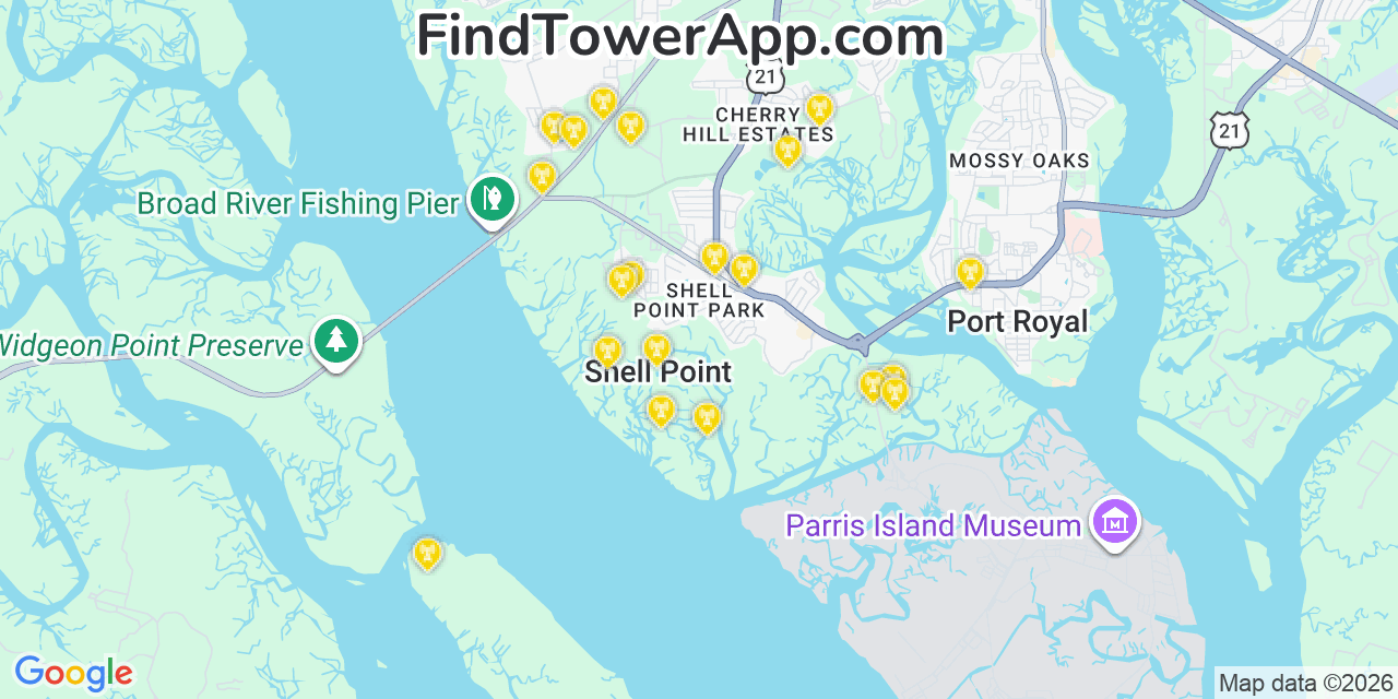 Map showing the 20 primary cell tower locations detected in Shell Point, South Carolina from AT&T, Verizon, and T-Mobile networks