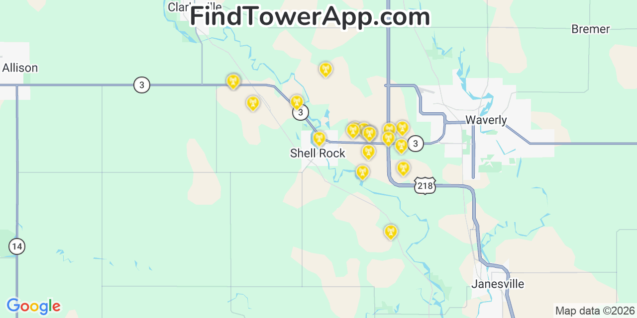 Map showing the 20 primary cell tower locations detected in Shell Rock, Iowa from AT&T, Verizon, and T-Mobile networks