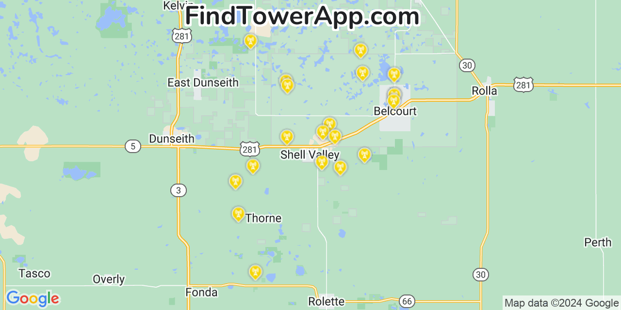 AT&T 4G/5G cell tower coverage map Shell Valley, North Dakota