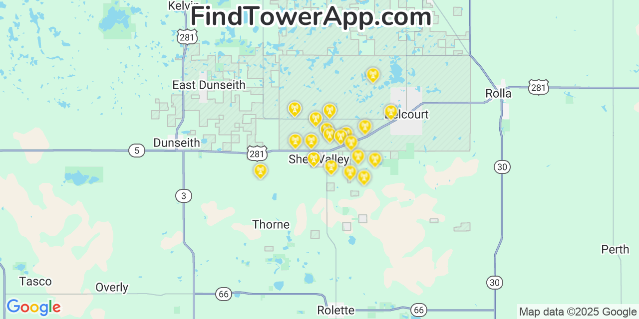 Map showing the 20 primary cell tower locations detected in Shell Valley, North Dakota from AT&T, Verizon, and T-Mobile networks