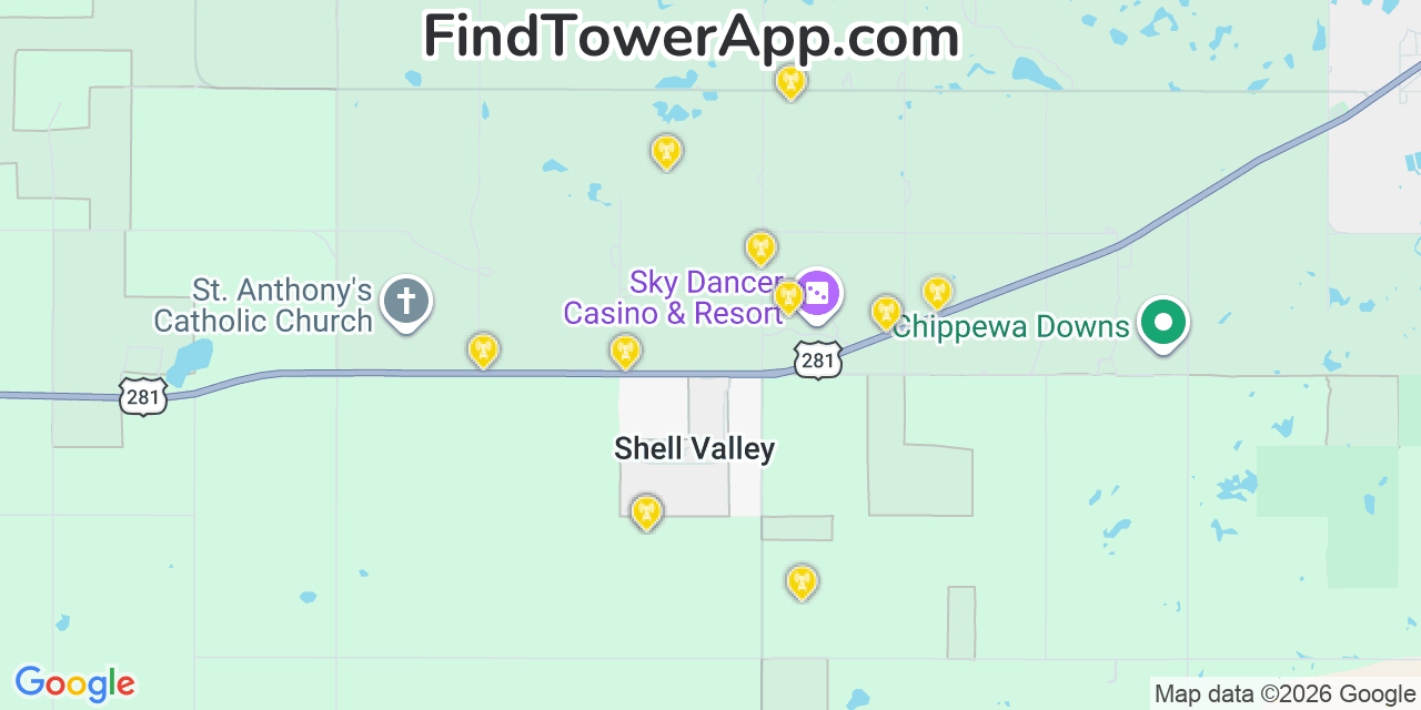 Map showing the 20 primary cell tower locations detected in Shell Valley, North Dakota from AT&T, Verizon, and T-Mobile networks
