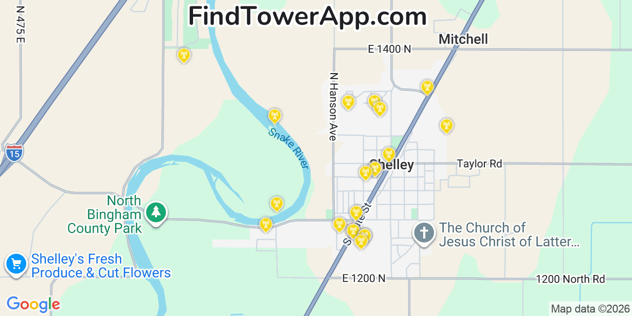 Map showing the 20 primary cell tower locations detected in Shelley, Idaho from AT&T, Verizon, and T-Mobile networks