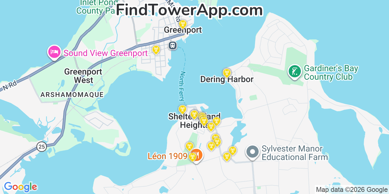 Map showing the 20 primary cell tower locations detected in Shelter Island Heights, New York from AT&T, Verizon, and T-Mobile networks