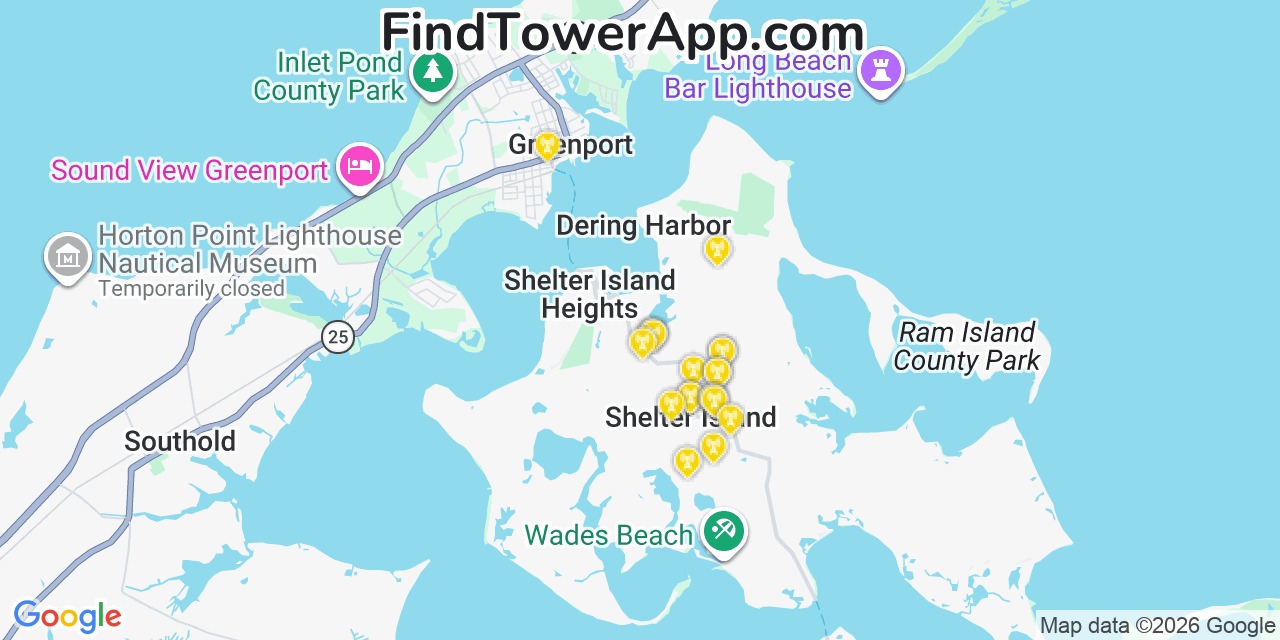 Map showing the 20 primary cell tower locations detected in Shelter Island, New York from AT&T, Verizon, and T-Mobile networks