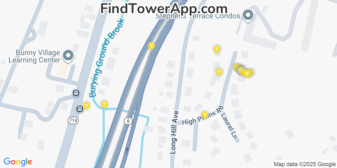 Map showing the 20 primary cell tower locations detected in Shelton, Connecticut from AT&T, Verizon, and T-Mobile networks