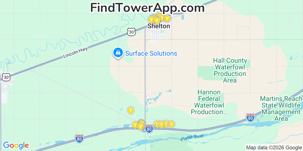 Map showing the 20 primary cell tower locations detected in Shelton, Nebraska from AT&T, Verizon, and T-Mobile networks