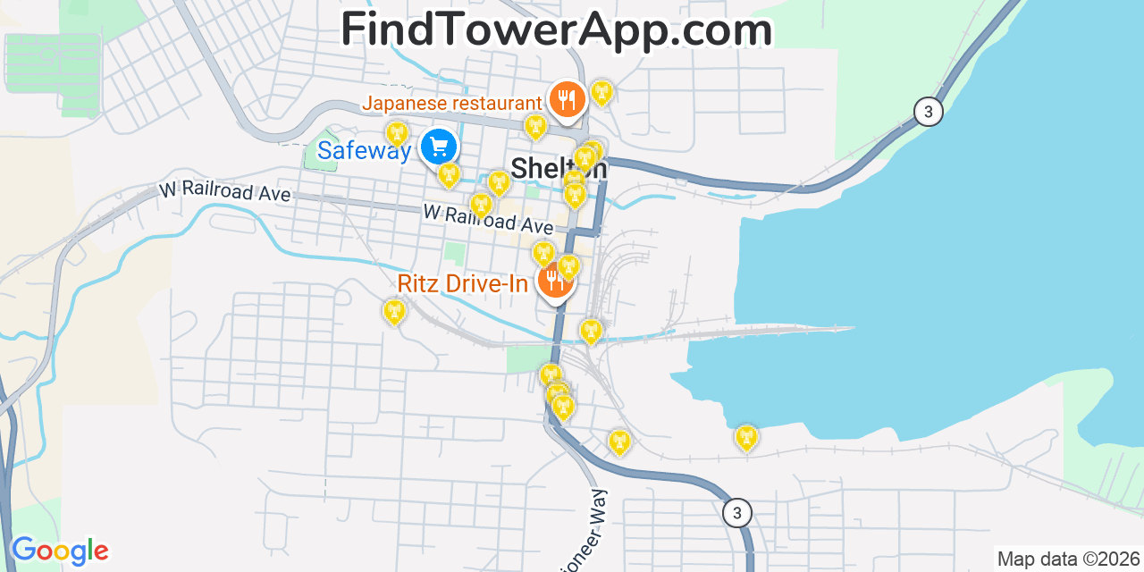 Map showing the 20 primary cell tower locations detected in Shelton, Washington from AT&T, Verizon, and T-Mobile networks