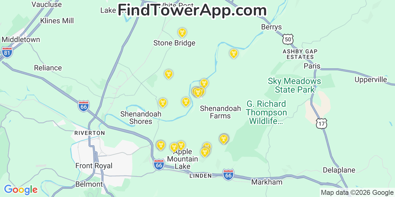 Map showing the 20 primary cell tower locations detected in Shenandoah Farms, Virginia from AT&T, Verizon, and T-Mobile networks