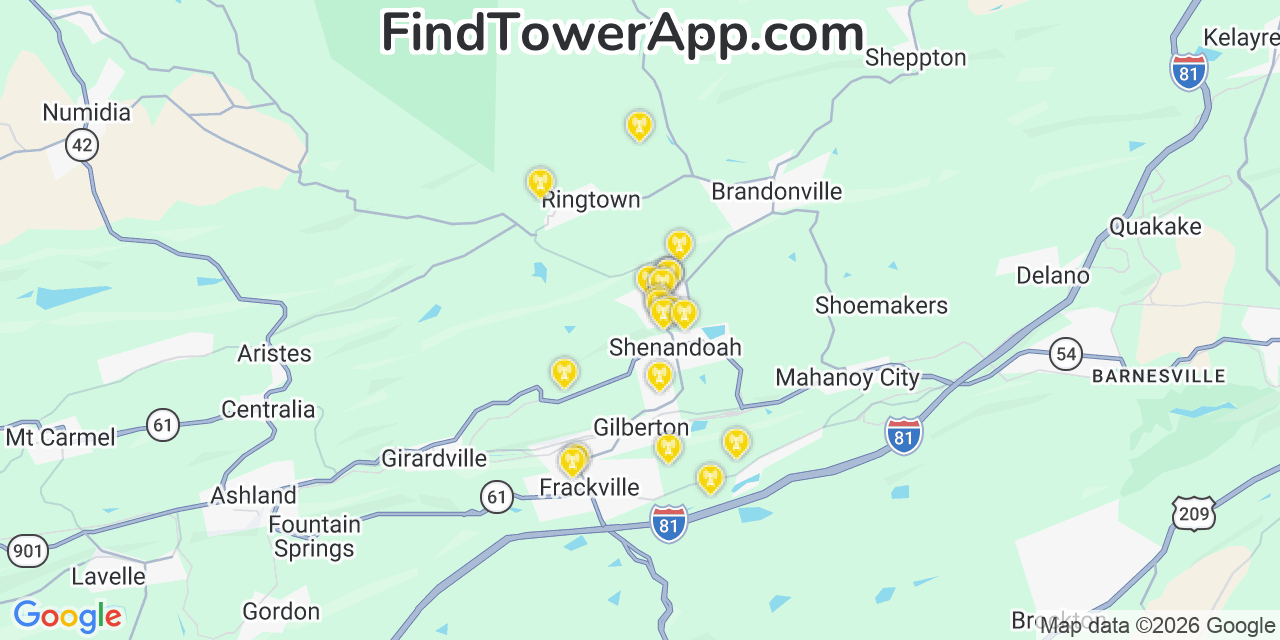 Map showing the 20 primary cell tower locations detected in Shenandoah Heights, Pennsylvania from AT&T, Verizon, and T-Mobile networks