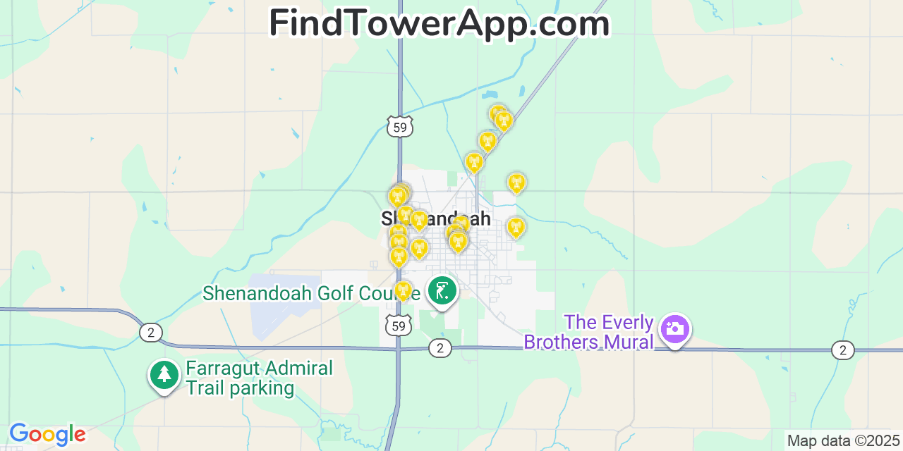 Map showing the 20 primary cell tower locations detected in Shenandoah, Iowa from AT&T, Verizon, and T-Mobile networks