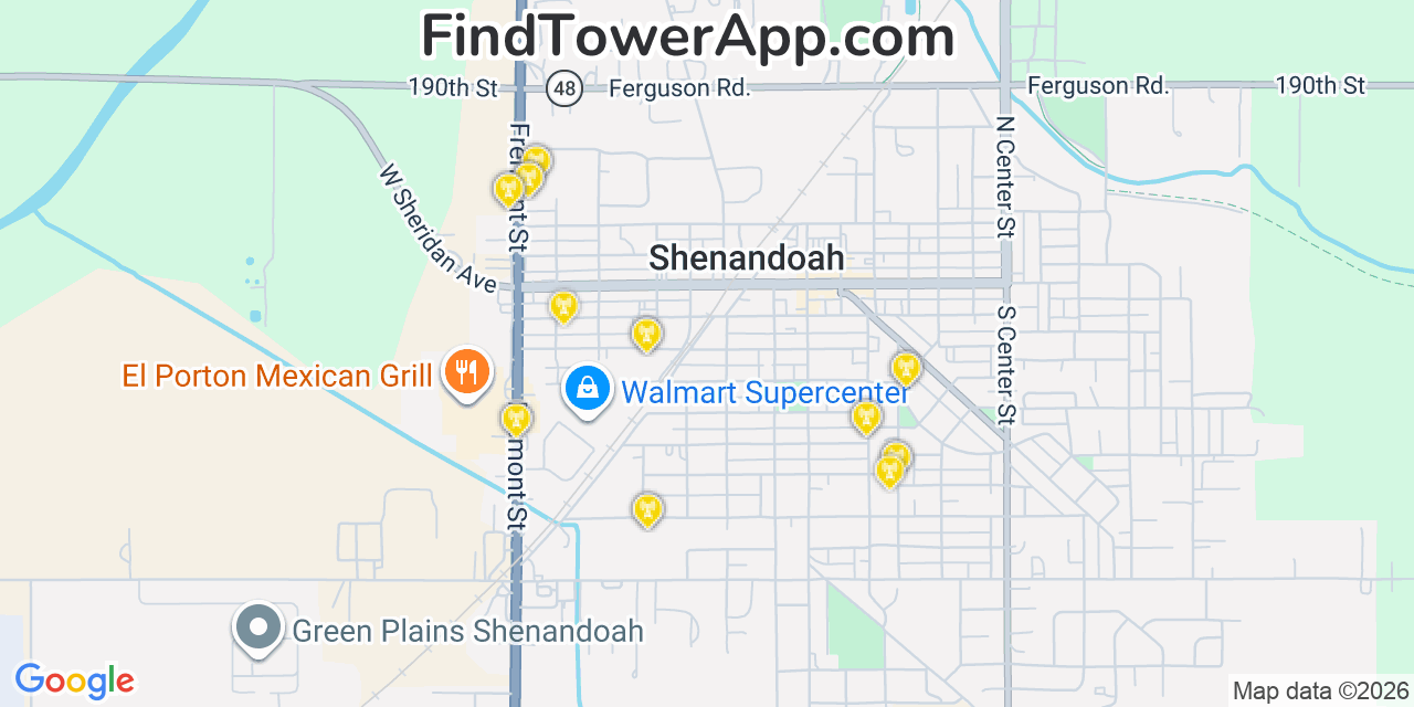 Map showing the 20 primary cell tower locations detected in Shenandoah, Iowa from AT&T, Verizon, and T-Mobile networks