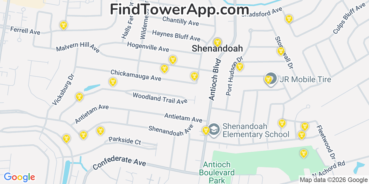 Map showing the 20 primary cell tower locations detected in Shenandoah, Louisiana from AT&T, Verizon, and T-Mobile networks