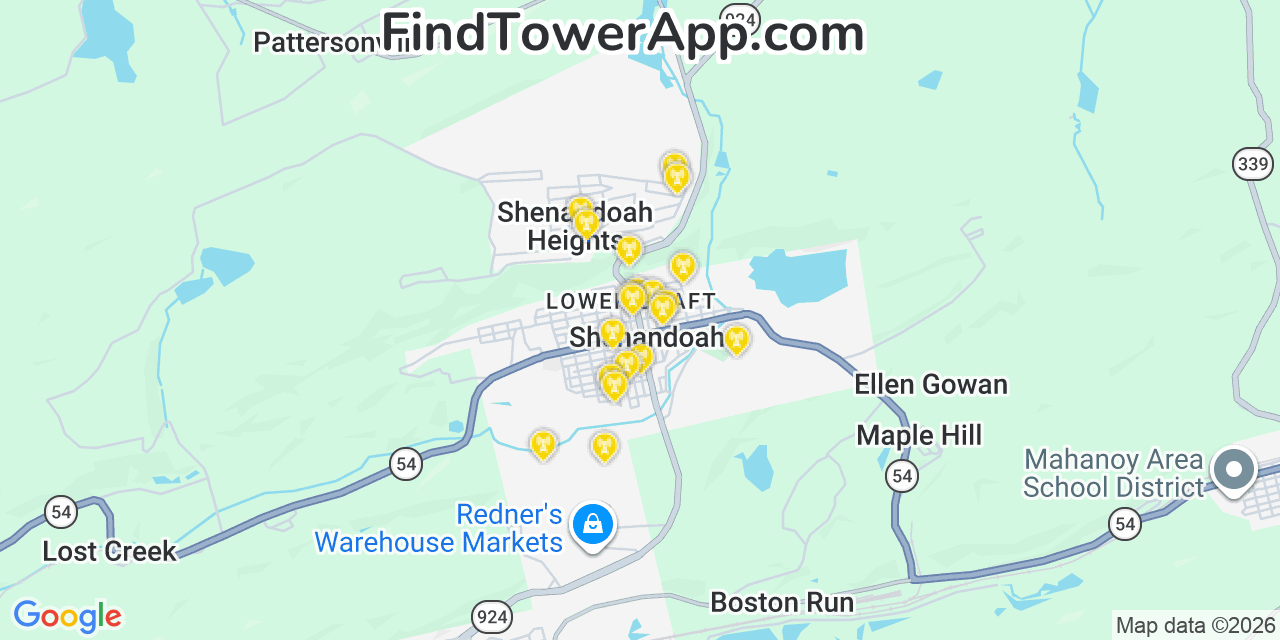 Map showing the 20 primary cell tower locations detected in Shenandoah, Pennsylvania from AT&T, Verizon, and T-Mobile networks
