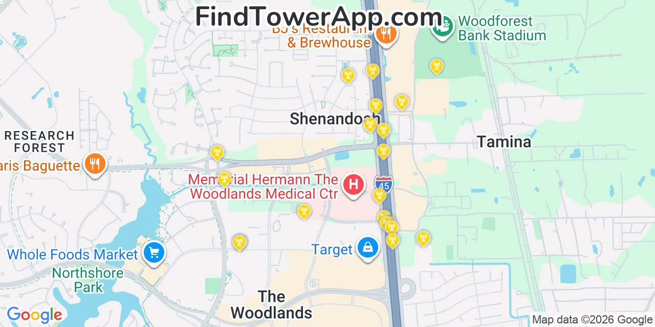 Map showing the 20 primary cell tower locations detected in Shenandoah, Texas from AT&T, Verizon, and T-Mobile networks