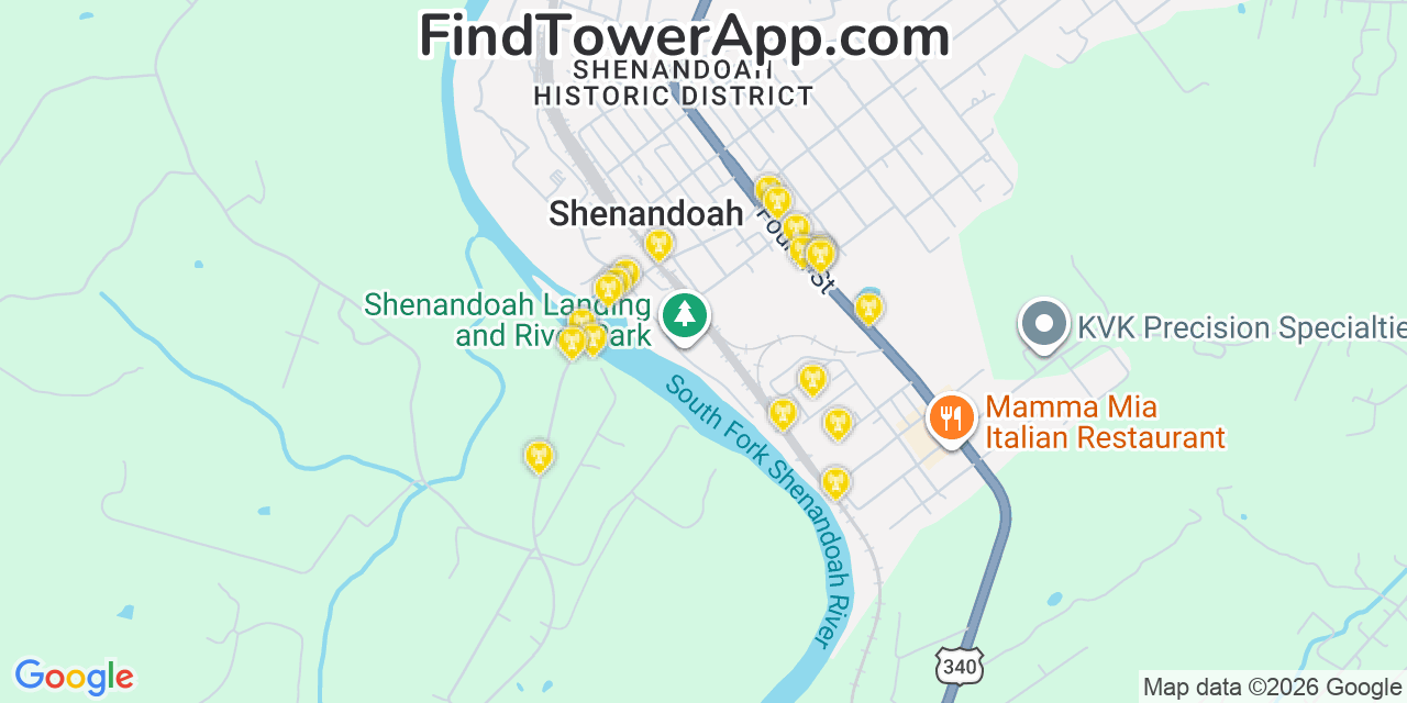 Map showing the 20 primary cell tower locations detected in Shenandoah, Virginia from AT&T, Verizon, and T-Mobile networks