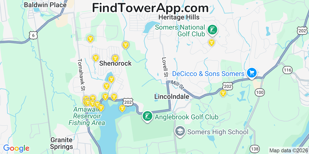 Map showing the 20 primary cell tower locations detected in Shenorock, New York from AT&T, Verizon, and T-Mobile networks