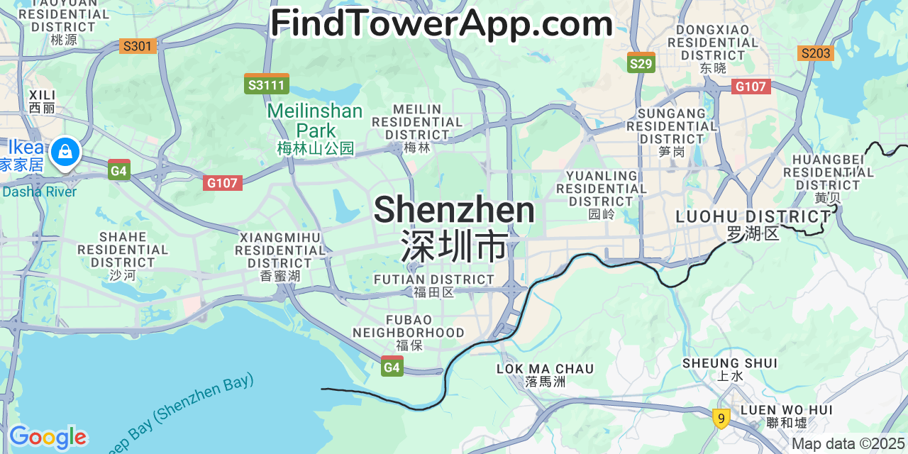 Map showing the 0 primary China-Mobile cell tower locations detected in Shenzhen, China with coverage radius and signal strength indicators