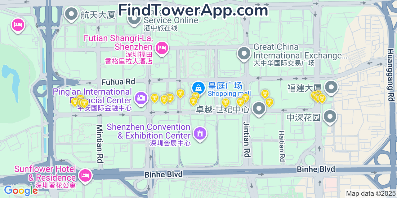 Map showing the 20 primary cell tower locations detected in Shenzhen, China with coverage areas and signal strength