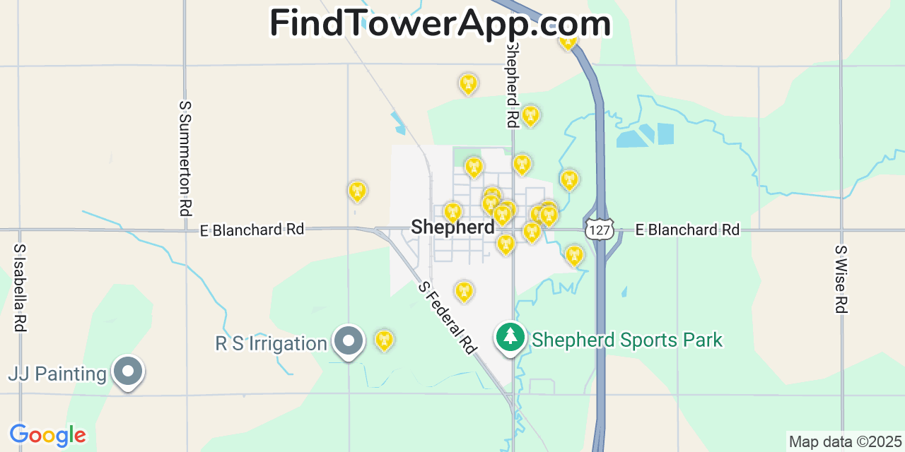 Map showing the 20 primary cell tower locations detected in Shepherd, Michigan from AT&T, Verizon, and T-Mobile networks