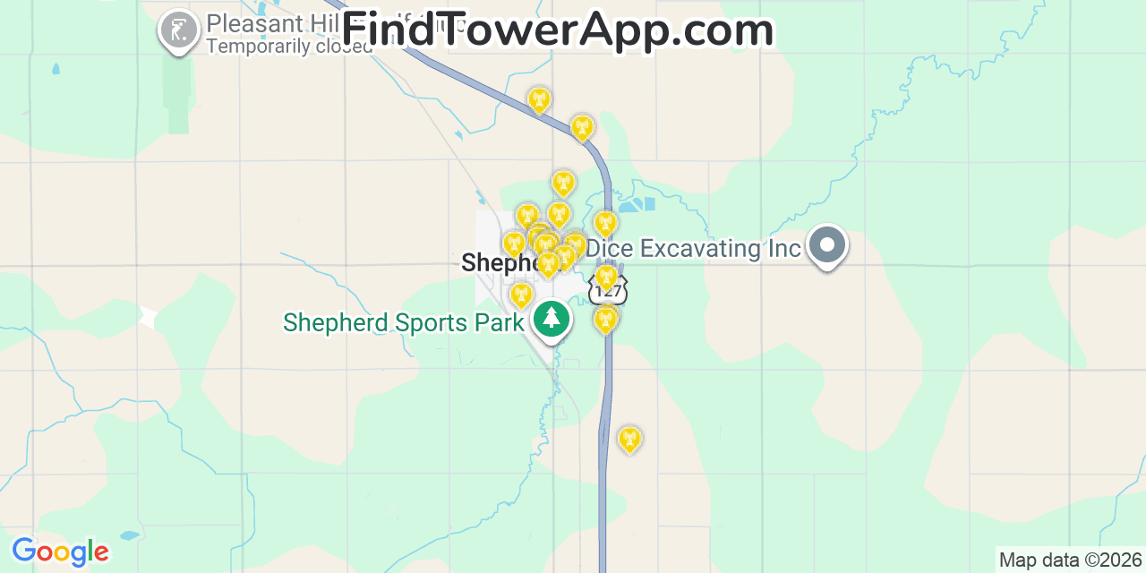Map showing the 20 primary cell tower locations detected in Shepherd, Michigan from AT&T, Verizon, and T-Mobile networks