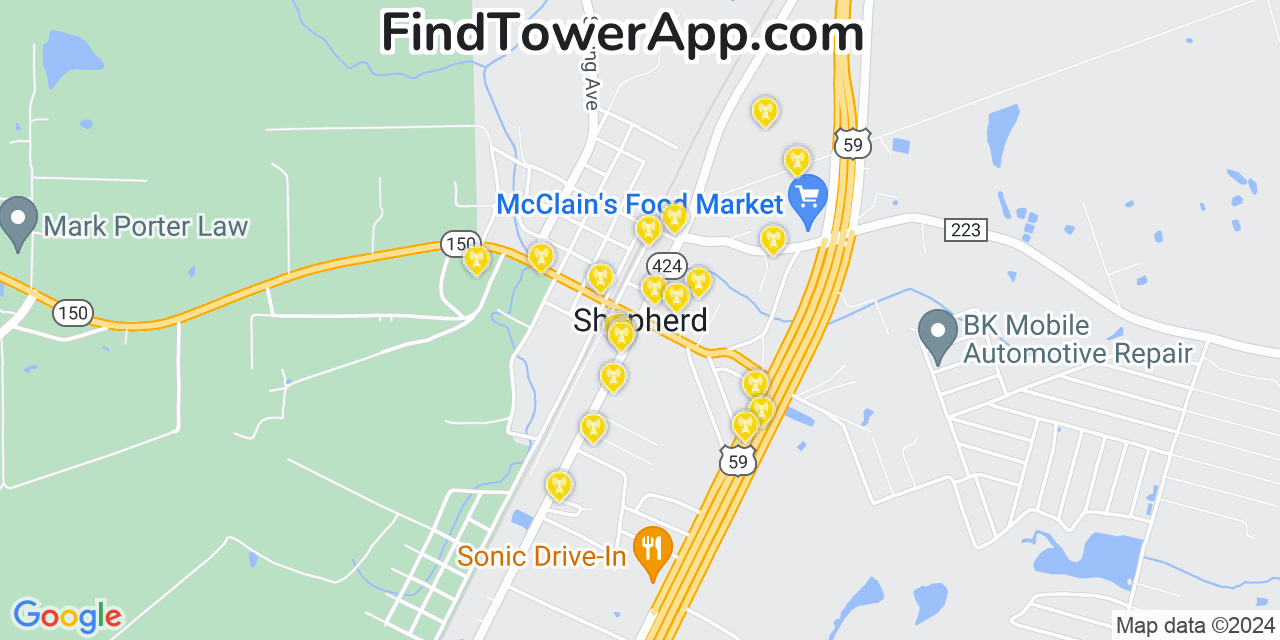 AT&T 4G/5G cell tower coverage map Shepherd, Texas