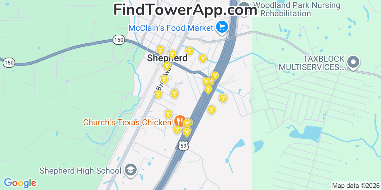Map showing the 20 primary cell tower locations detected in Shepherd, Texas from AT&T, Verizon, and T-Mobile networks