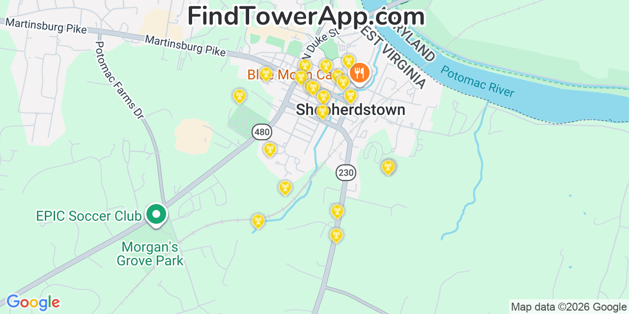 Map showing the 20 primary cell tower locations detected in Shepherdstown, West Virginia from AT&T, Verizon, and T-Mobile networks