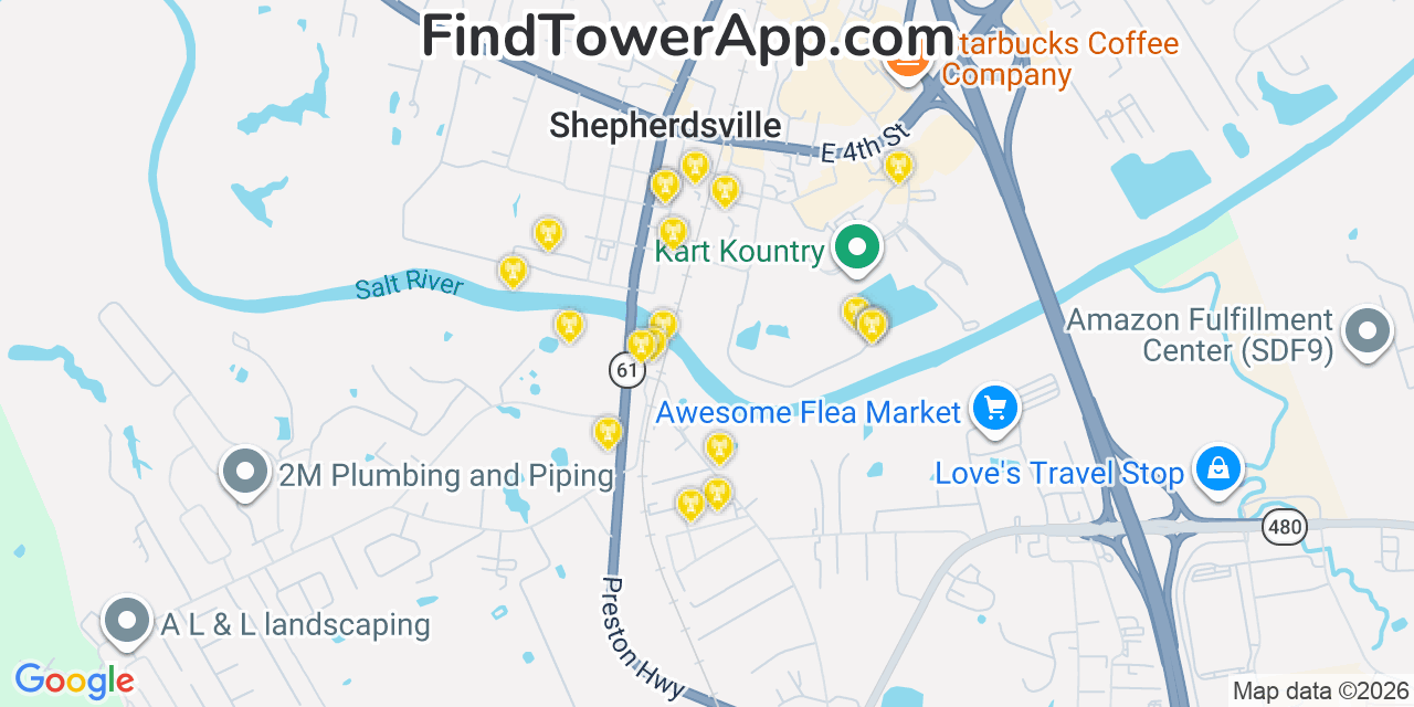Map showing the 20 primary cell tower locations detected in Shepherdsville, Kentucky from AT&T, Verizon, and T-Mobile networks