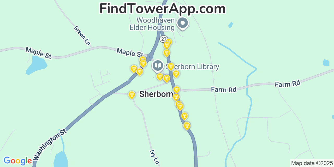 Map showing the 20 primary cell tower locations detected in Sherborn, Massachusetts from AT&T, Verizon, and T-Mobile networks