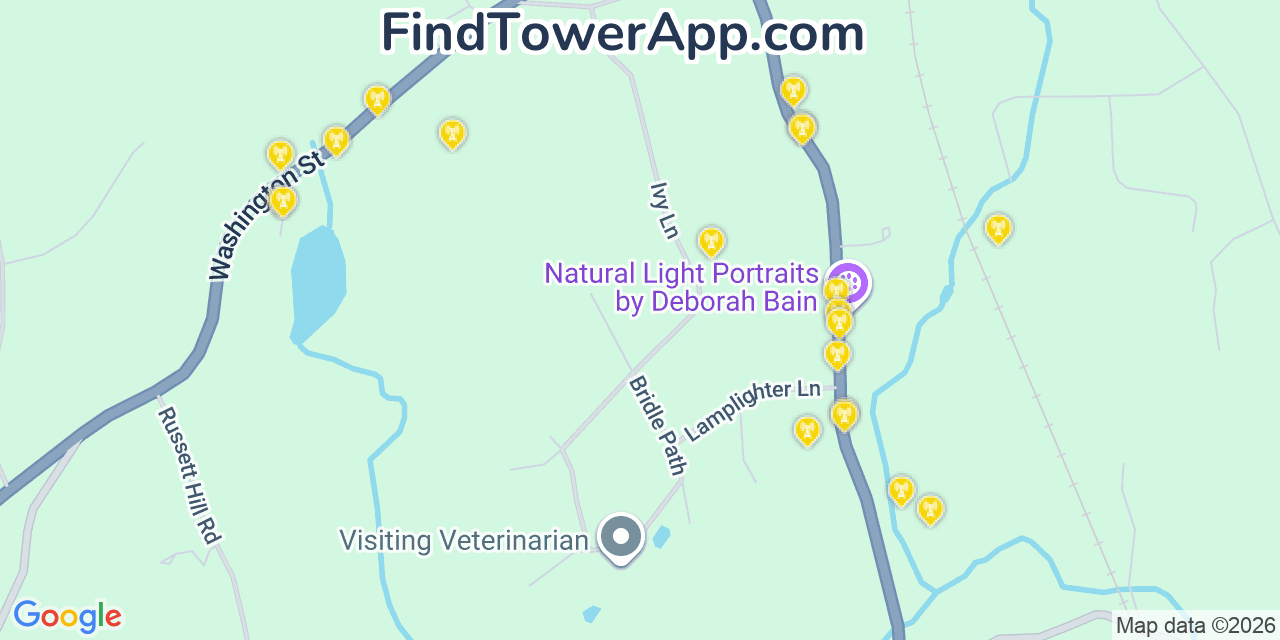 Map showing the 20 primary cell tower locations detected in Sherborn, Massachusetts from AT&T, Verizon, and T-Mobile networks