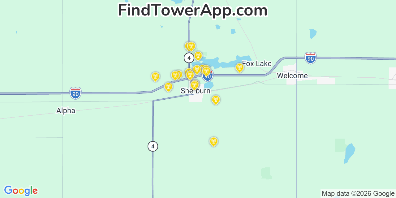 Map showing the 20 primary cell tower locations detected in Sherburn, Minnesota from AT&T, Verizon, and T-Mobile networks