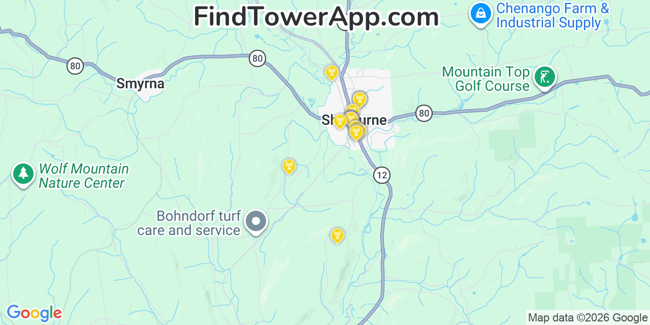 Map showing the 20 primary cell tower locations detected in Sherburne, New York from AT&T, Verizon, and T-Mobile networks
