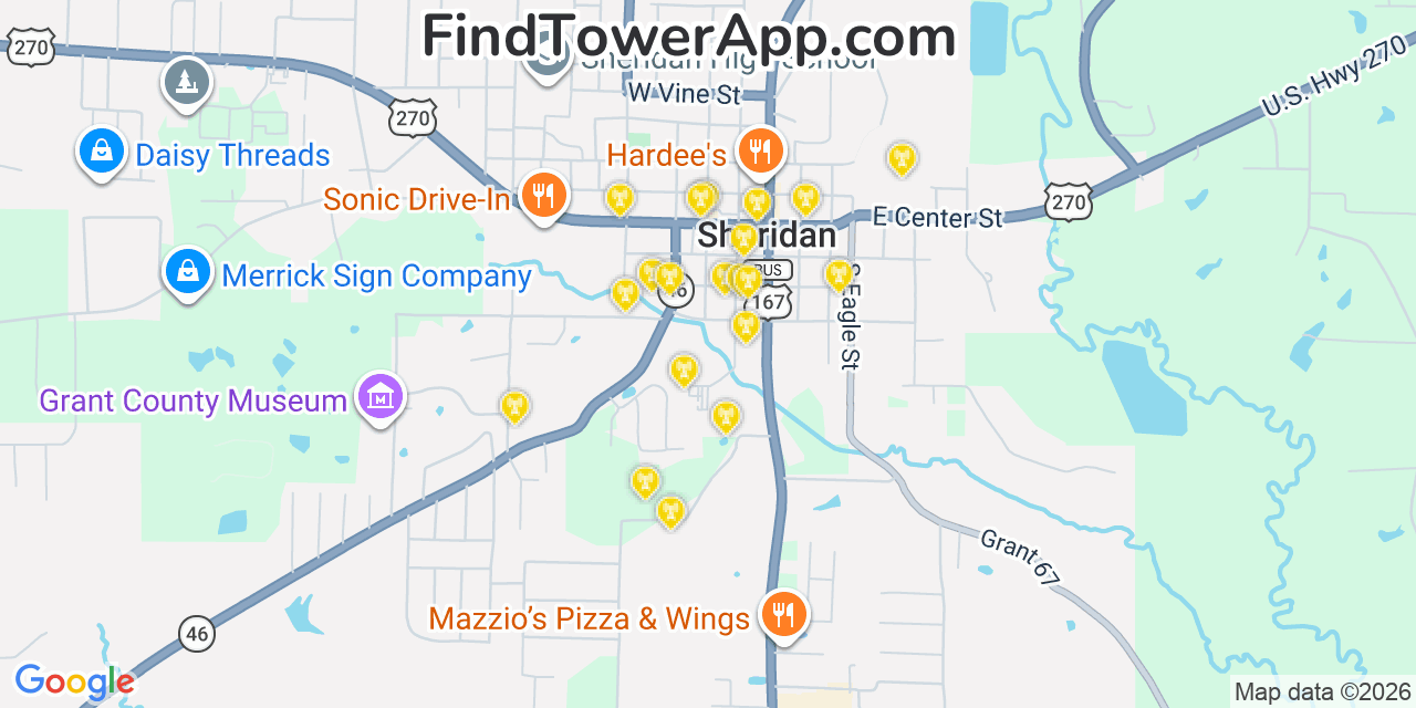Map showing the 20 primary cell tower locations detected in Sheridan, Arkansas from AT&T, Verizon, and T-Mobile networks