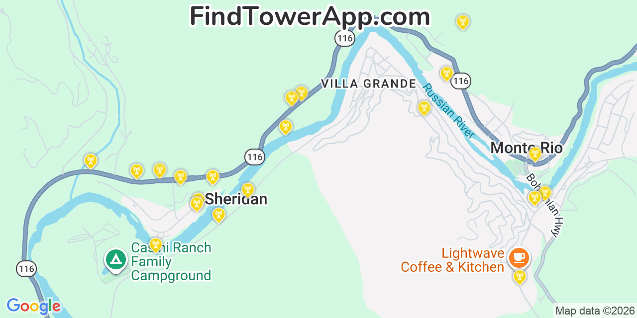 Map showing the 20 primary cell tower locations detected in Sheridan, California from AT&T, Verizon, and T-Mobile networks