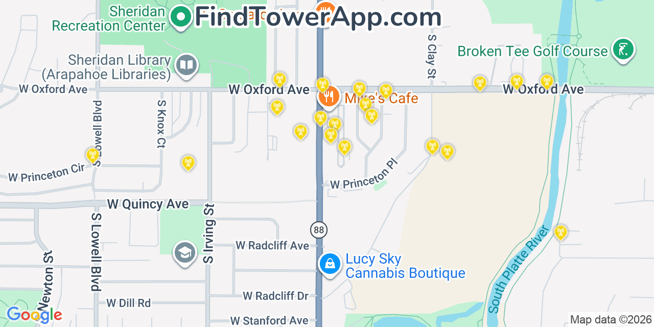 Map showing the 20 primary cell tower locations detected in Sheridan, Colorado from AT&T, Verizon, and T-Mobile networks