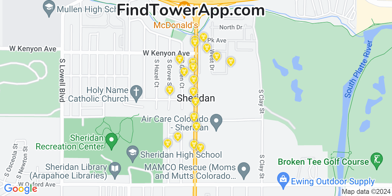 Verizon 4G/5G cell tower coverage map Sheridan, Colorado