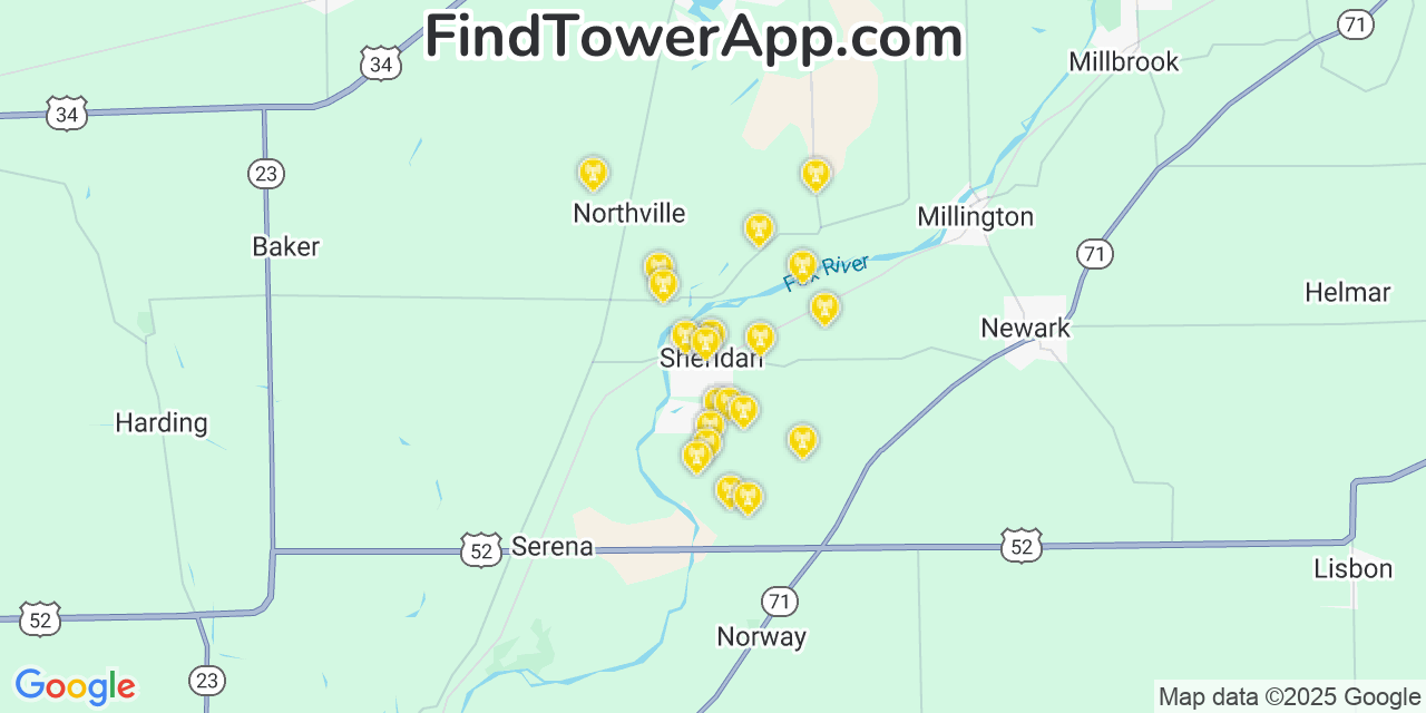 Map showing the 20 primary cell tower locations detected in Sheridan, Illinois from AT&T, Verizon, and T-Mobile networks
