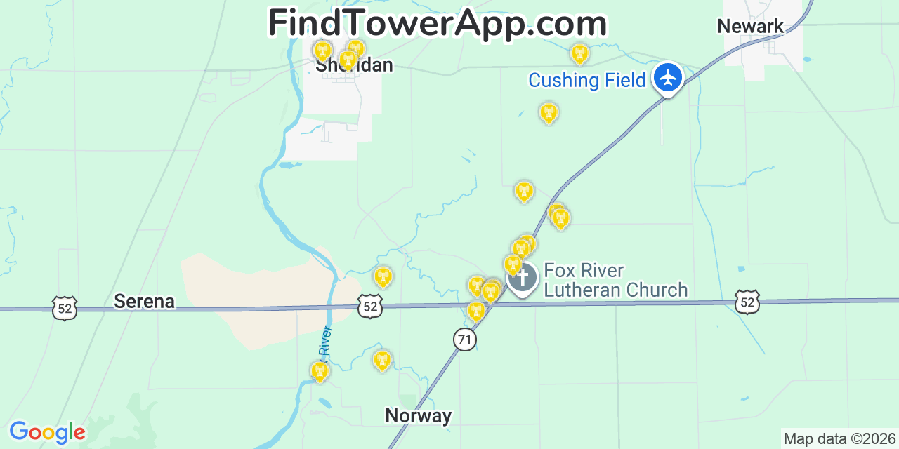 Map showing the 20 primary cell tower locations detected in Sheridan, Illinois from AT&T, Verizon, and T-Mobile networks